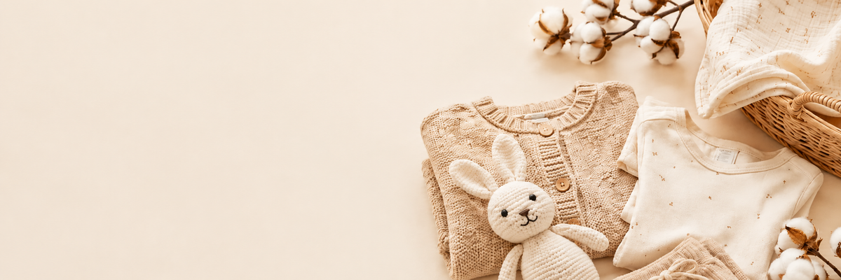 Ropa y accesorios de bebé en tonos naturales sobre fondo beige